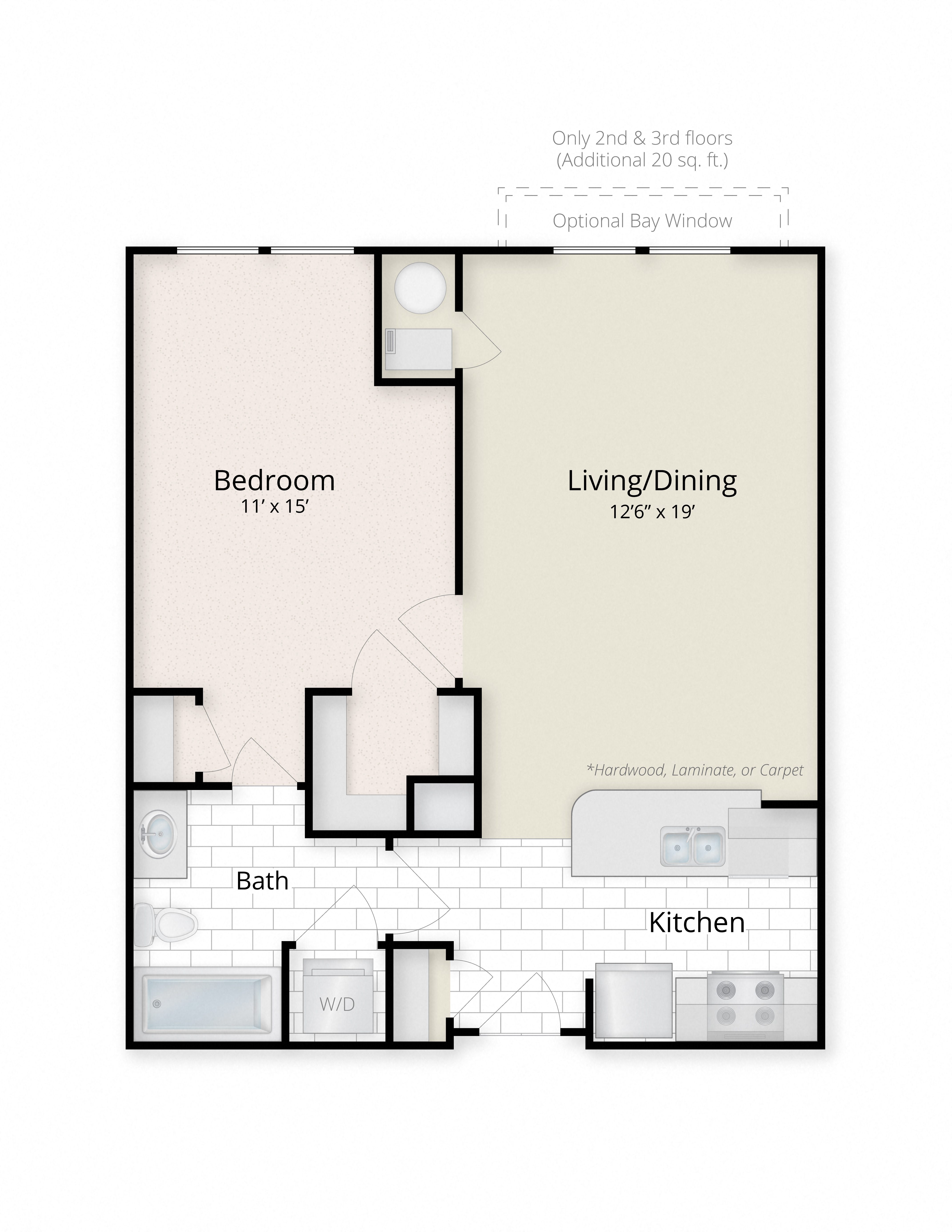 Floor plan for 1 bed, 1 bath, 682 sqft